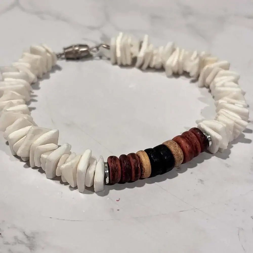 Handmade White Puka Shell Chip and Wood Bead Surfer Bracelet